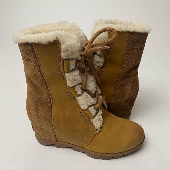 Sorel Joan of Arctic Mid Lace Up Wedge Elk Camel Brown Leather Shearling 9.5 - Picture 1 of 5